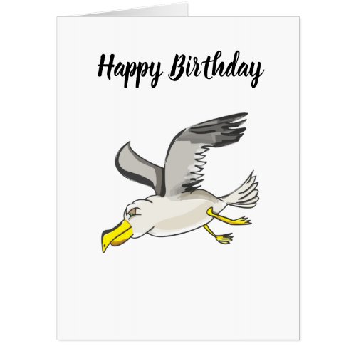 Cartoon seagull flying over head card