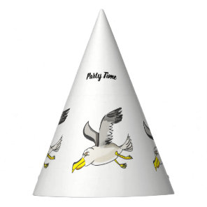 Cartoon seagull flying over head party hat