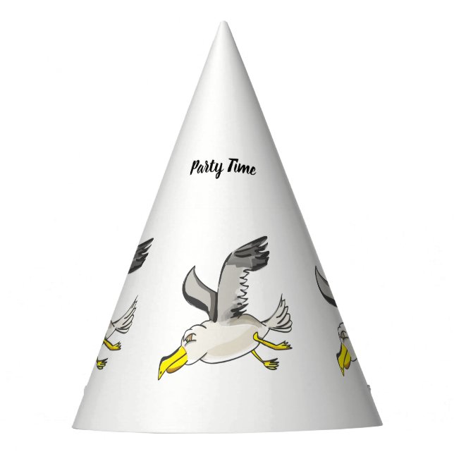 Cartoon seagull flying over head party hat (Front)