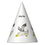 Cartoon seagull flying over head party hat
