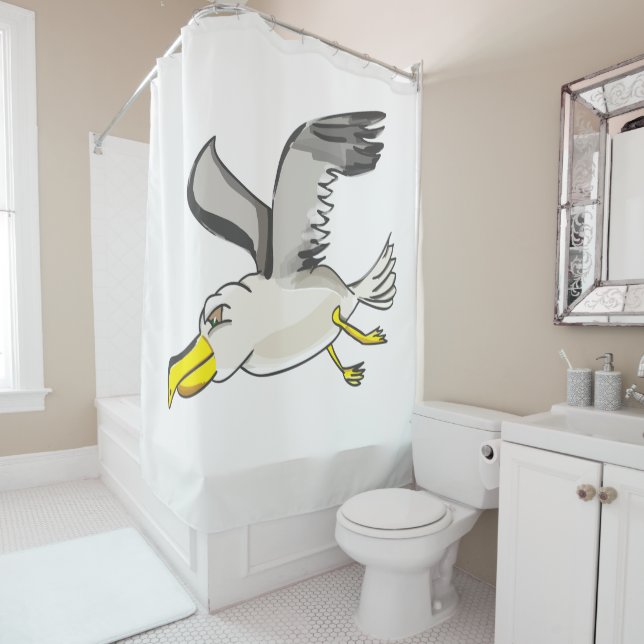 Cartoon seagull flying over head shower curtain (In Situ)