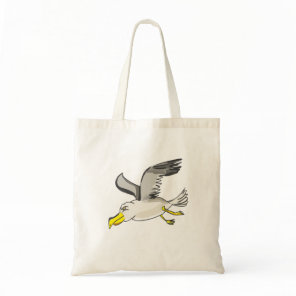 Cartoon seagull flying over head tote bag