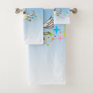 Cartoon seagull flying over head with a blue sky bath towel set