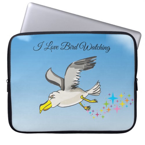 Cartoon seagull flying over head with a blue sky laptop sleeve