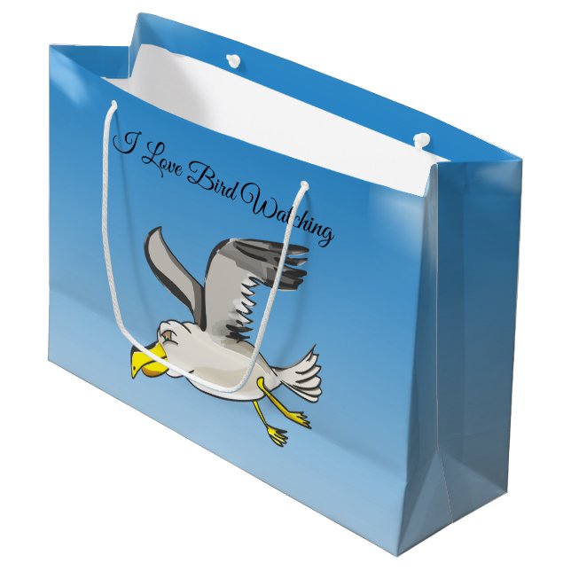 Cartoon seagull flying over head with a blue sky large gift bag (Front Angled)
