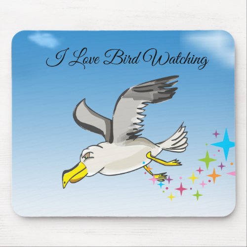 Cartoon seagull flying over head with a blue sky mouse pad