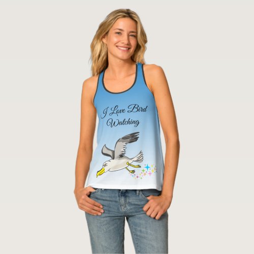 Cartoon seagull flying over head with a blue sky tank top