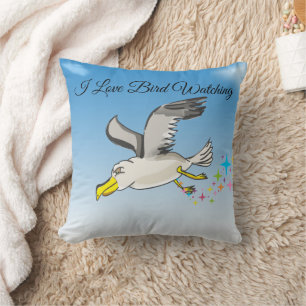 Cartoon seagull flying over head with a blue sky throw pillow