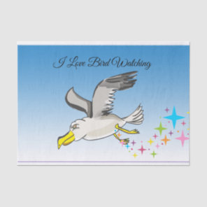 Cartoon seagull flying over head with a blue sky tissue paper
