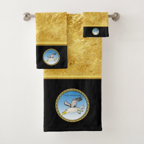 Cartoon seagull flying over head with a gold frame bath towel set