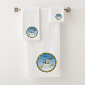 Cartoon seagull flying over head with a gold frame bath towel set