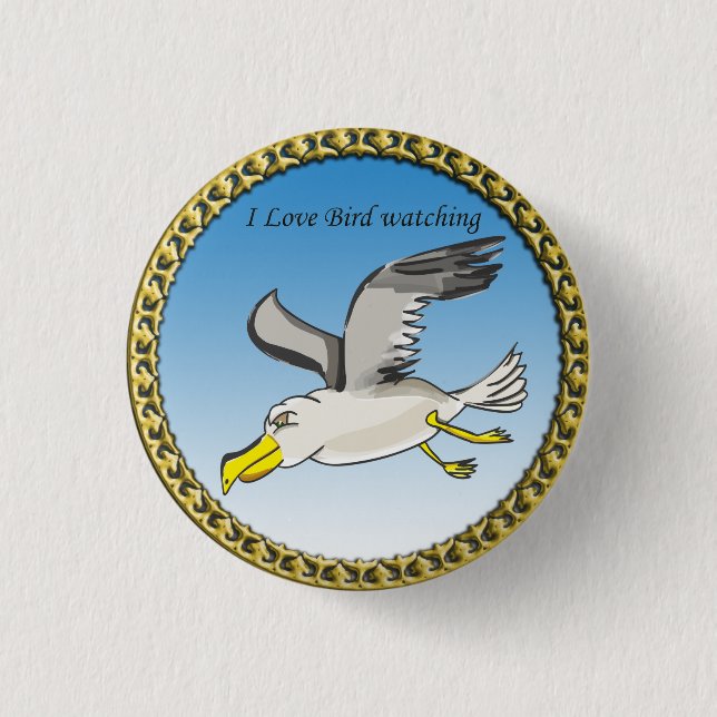 Cartoon seagull flying over head with a gold frame button (Front)