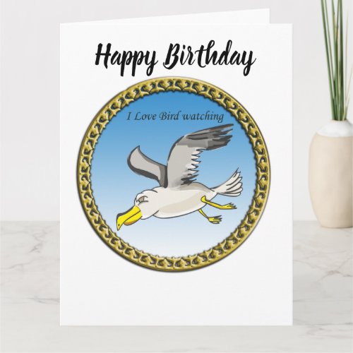 Cartoon seagull flying over head with a gold frame card