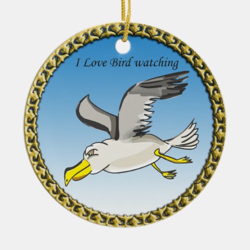 Cartoon seagull flying over head with a gold frame ceramic ornament