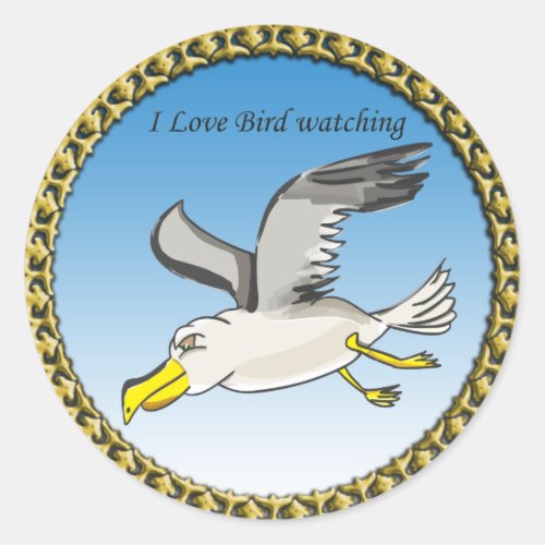 Cartoon seagull flying over head with a gold frame classic round sticker