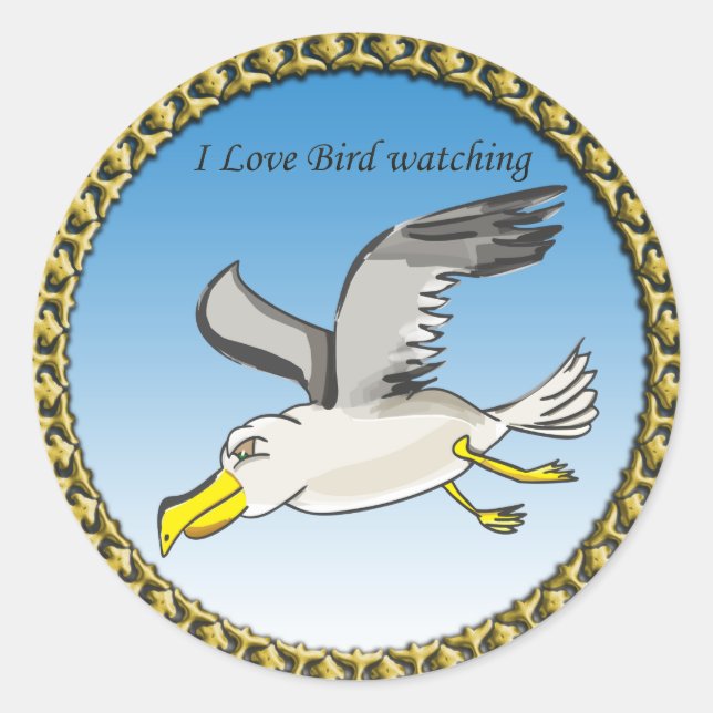 Cartoon seagull flying over head with a gold frame classic round sticker (Front)