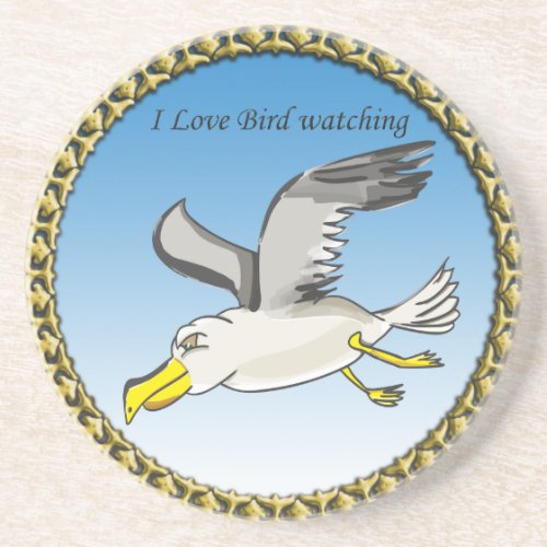 Cartoon seagull flying over head with a gold frame drink coaster