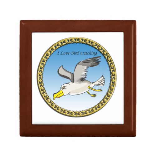 Cartoon seagull flying over head with a gold frame gift box