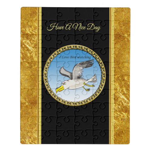 Cartoon seagull flying over head with a gold frame jigsaw puzzle
