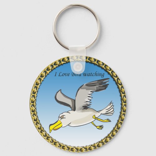 Cartoon seagull flying over head with a gold frame keychain