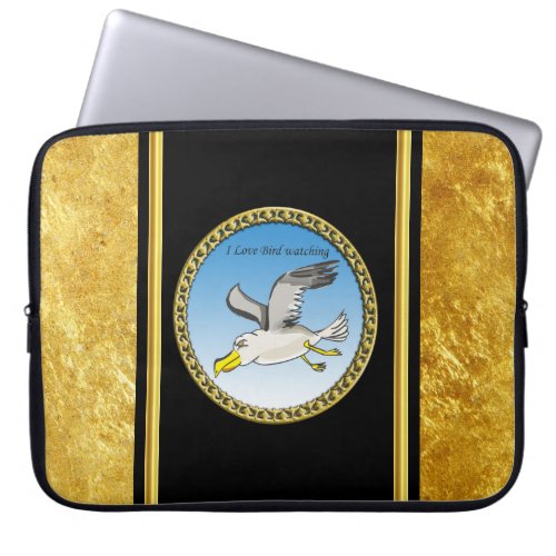 Cartoon seagull flying over head with a gold frame laptop sleeve