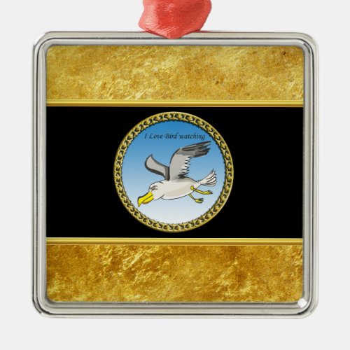 Cartoon seagull flying over head with a gold frame metal ornament