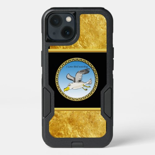 Cartoon seagull flying over head with a gold frame iPhone 13 case