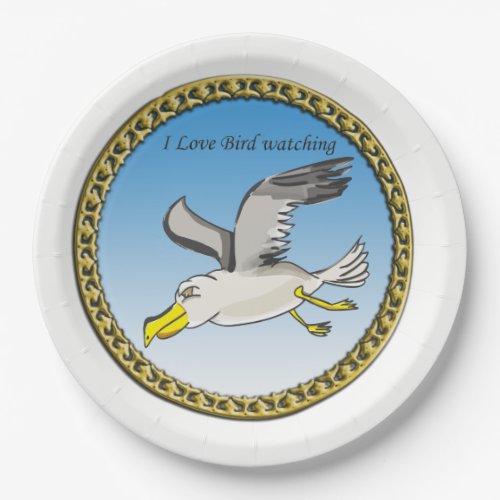 Cartoon seagull flying over head with a gold frame paper plates