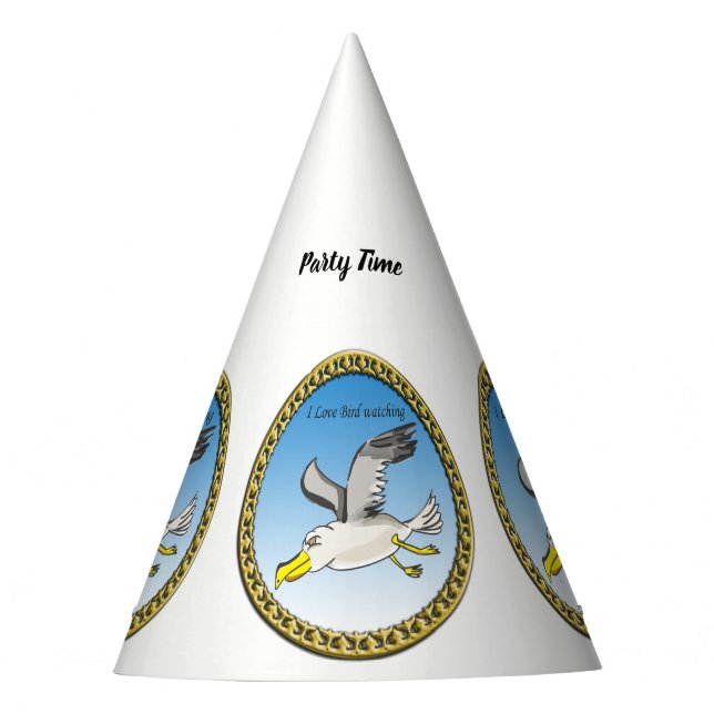 Cartoon seagull flying over head with a gold frame party hat (Front)
