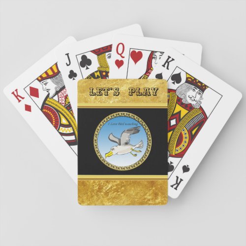 Cartoon seagull flying over head with a gold frame playing cards