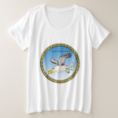 Cartoon seagull flying over head with a gold frame plus size T_Shirt