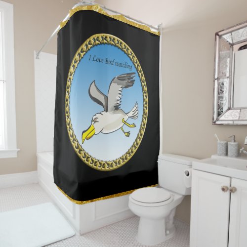 Cartoon seagull flying over head with a gold frame shower curtain