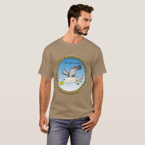 Cartoon seagull flying over head with a gold frame T_Shirt