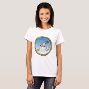 Cartoon seagull flying over head with a gold frame T-Shirt