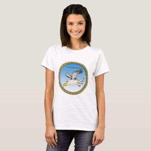 Cartoon seagull flying over head with a gold frame T_Shirt