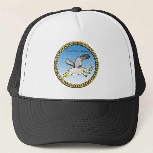 Cartoon seagull flying over head with a gold frame trucker hat