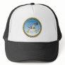 Cartoon seagull flying over head with a gold frame trucker hat
