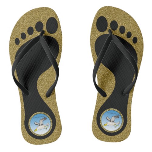 Cartoon seagull flying over head with gold texture flip flops