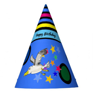 Cartoon seagull  with colorful stars and circles party hat