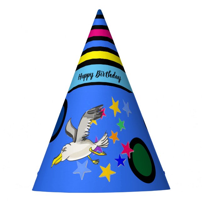 Cartoon seagull  with colorful stars and circles party hat (Front)
