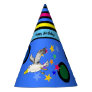 Cartoon seagull  with colorful stars and circles party hat
