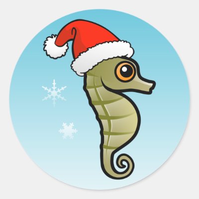 Cartoon Seahorse Santa Classic Round Sticker