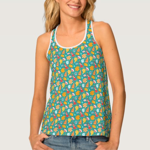 Cartoon seashells with sand and doodle ornament tank top