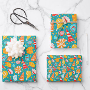 Cartoon seashells with sand and doodle ornament wrapping paper sheets