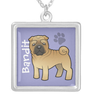 Cartoon Shar Pei (add your pets name) Silver Plated Necklace