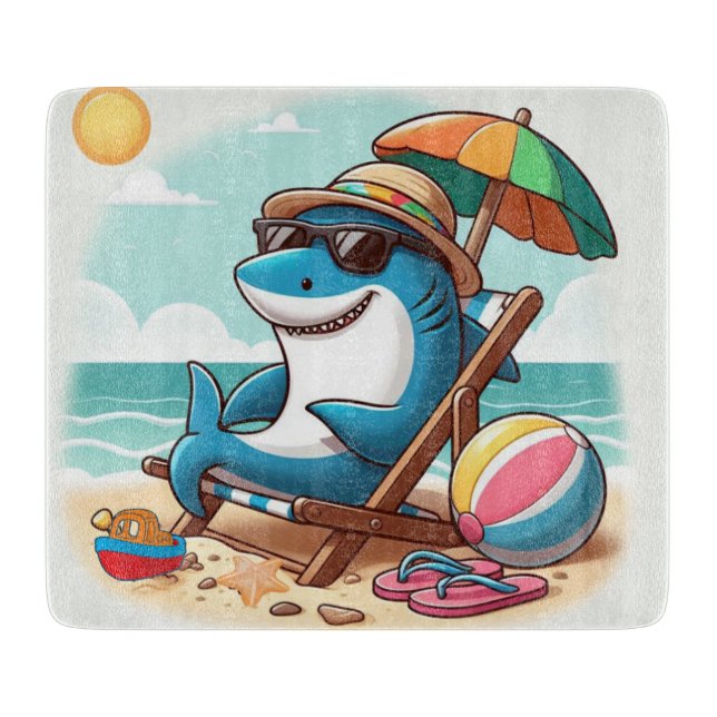 Cartoon shark at the beach cutting board (Front)