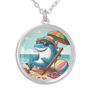 Cartoon shark at the beach silver plated necklace