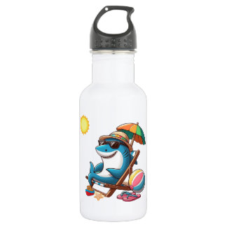 Cartoon shark at the beach stainless steel water bottle