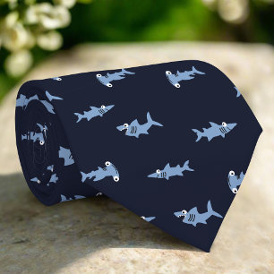 Cartoon Shark In Blue Ocean Abstract Pattern Neck Tie