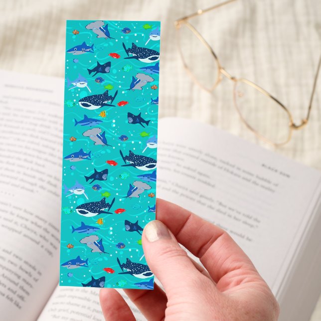 Cartoon Shark Pattern Bookmark with Bright Colors (Hand)